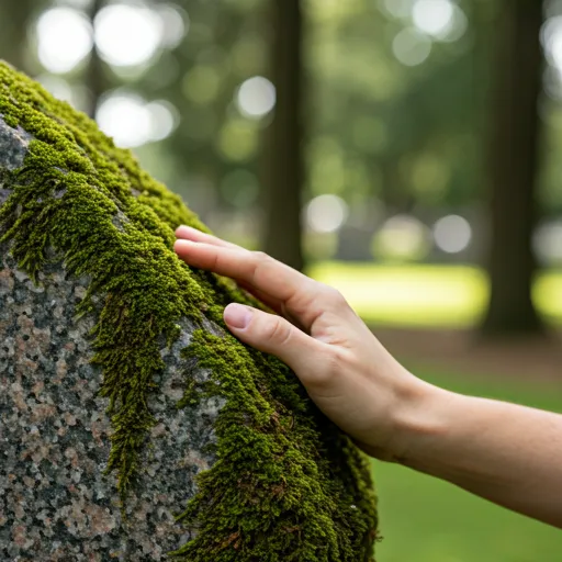 A hand gently touching the mossy texture of a granite headstone