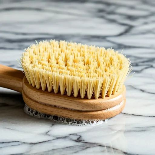 Detail shot of soft brush bristles gently cleaning a marble surface