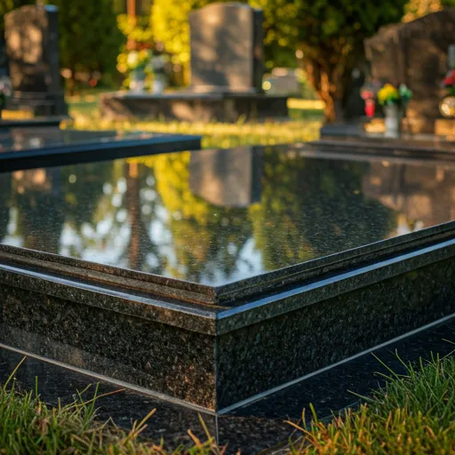 Polished dark granite headstone reflecting the soft afternoon sun after deep cleaning