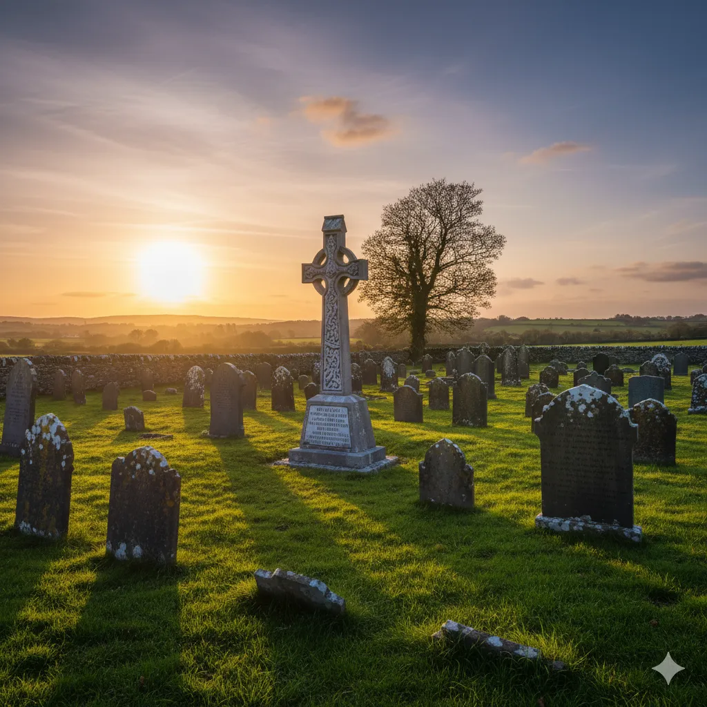 A cinematic wide shot of a historic cemetery in Leinster, featuring a beautifully preserved monument at golden hour