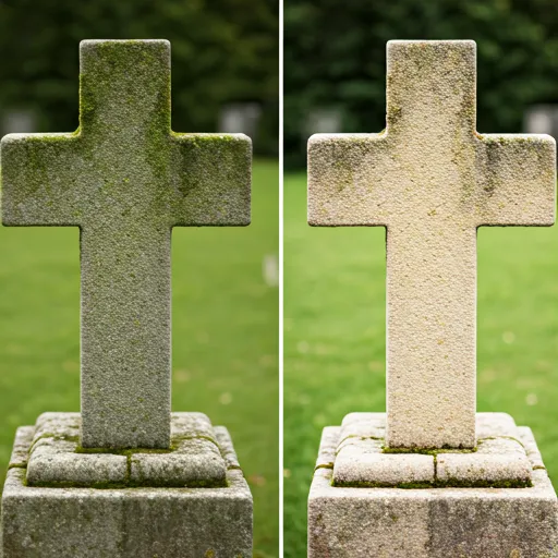 Soft limestone cross headstone — before and pristine cream colour after delicate biological cleaning