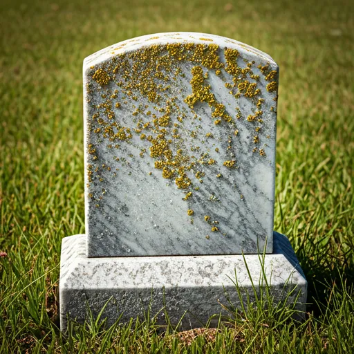 Severely weathered and lichen-covered marble headstone before restoration