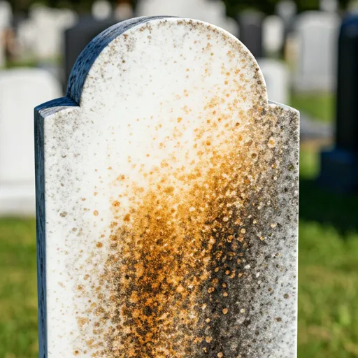 Close-up of a weathered white marble headstone being cleaned with specialised soft brushes