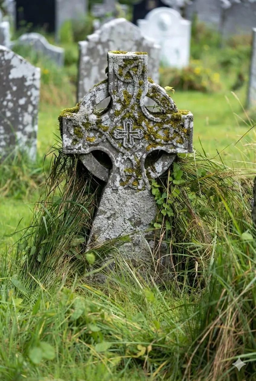 Severely weathered and lichen-covered marble headstone before restoration