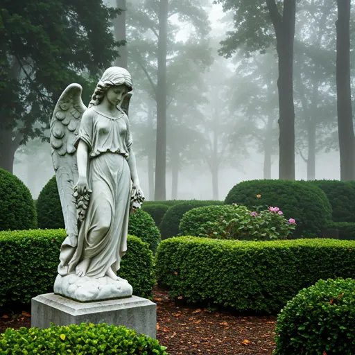 Wide shot of a peaceful cemetery garden featuring a restored marble angel statue with soft morning mist